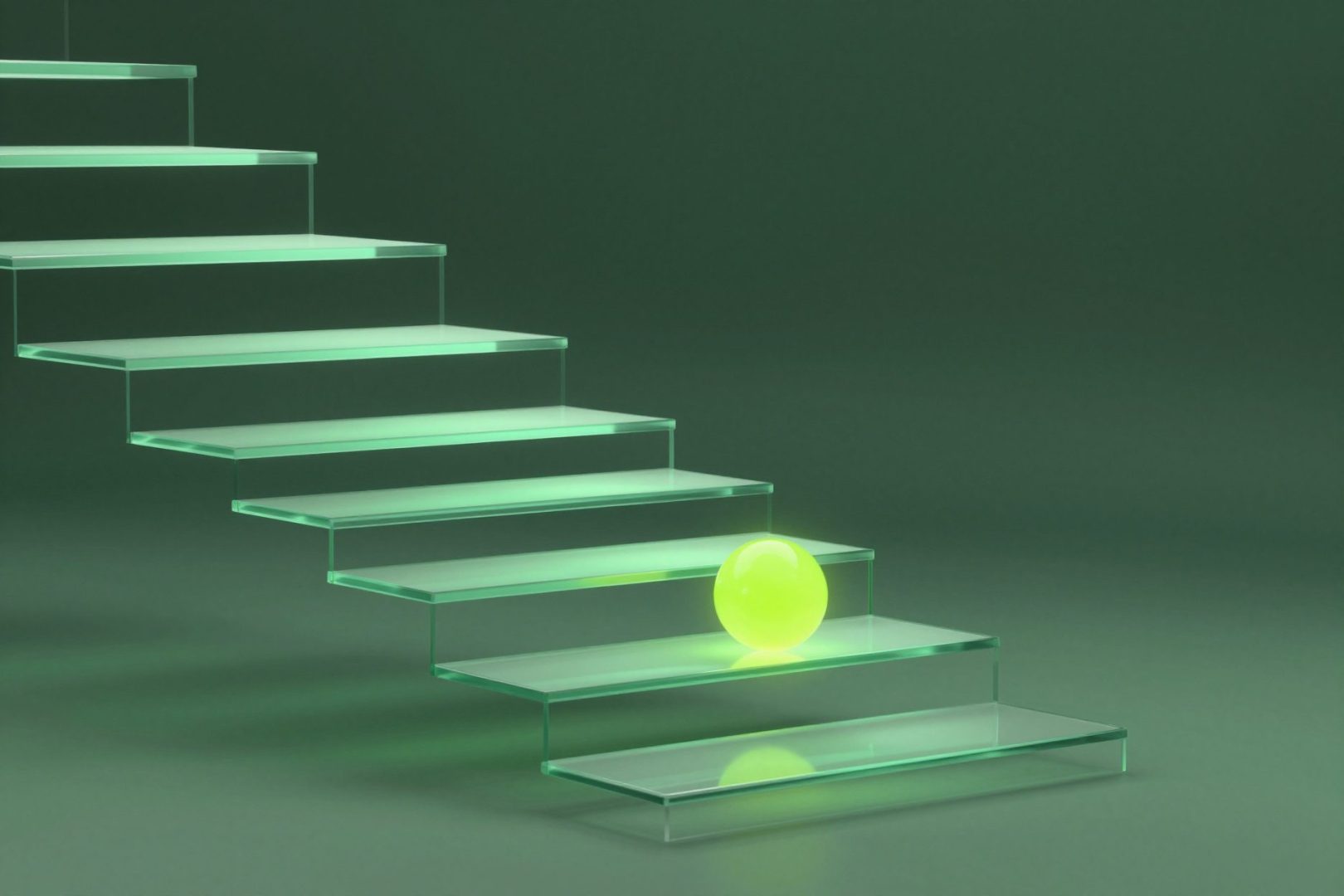 Glass steps rising towards a glowing lime sphere.
