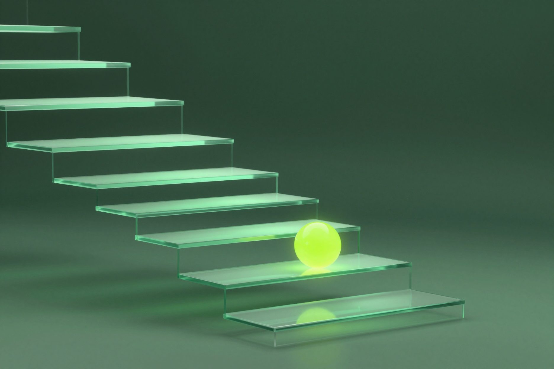 Glass steps rising towards a glowing lime sphere.