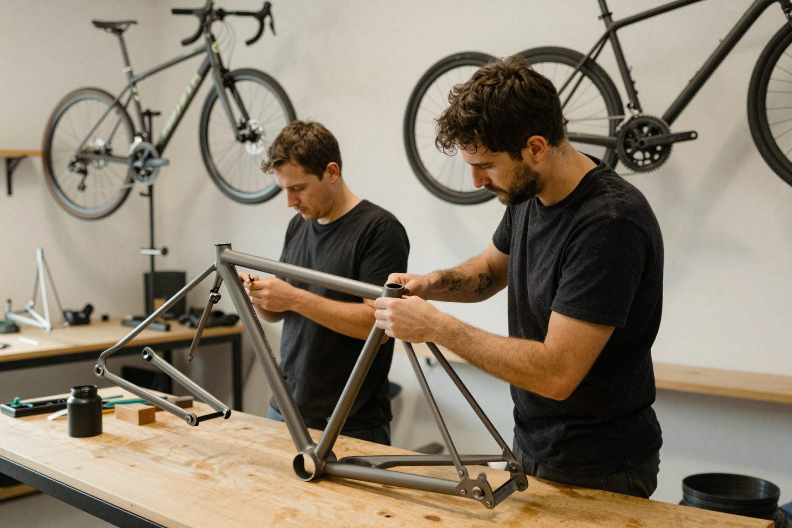 Mechanics assembling steel bicycle frames in a workshop.