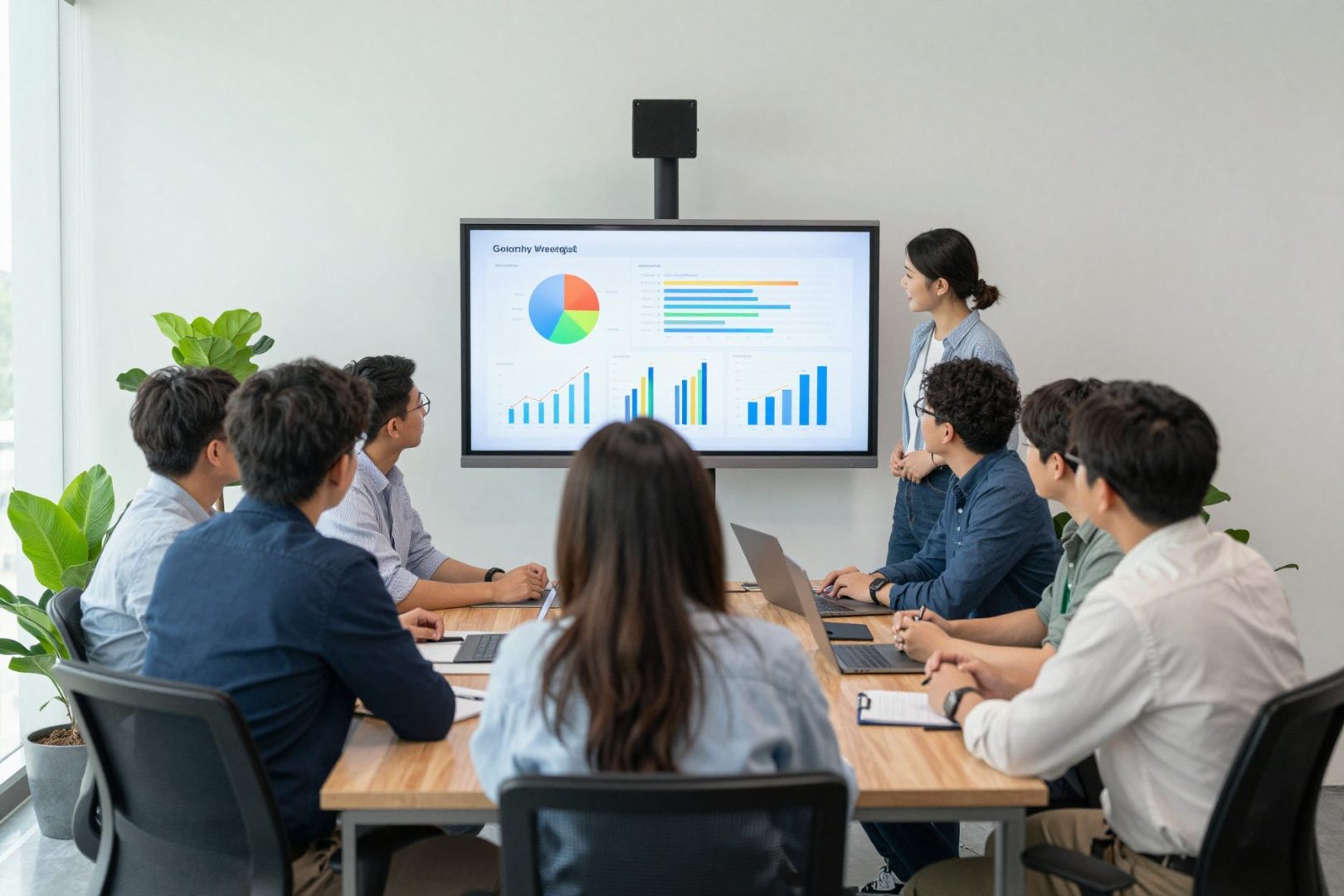 A team gathered around a large screen with charts.