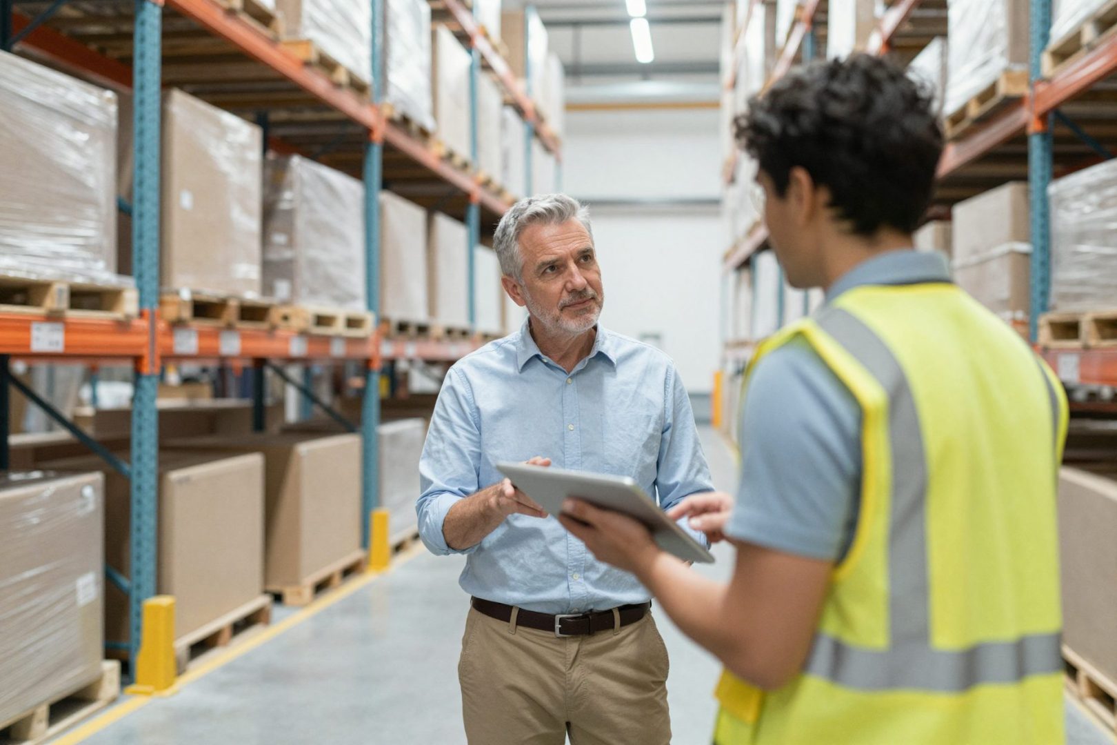 A warehouse manager with a tablet talking to a colleague.